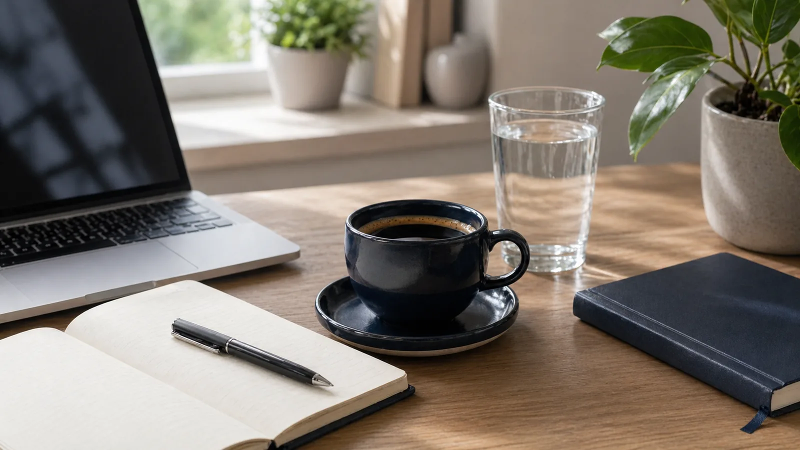 Coffee cup, notebook, and simple desk setup representing caffeine timing and focus decisions