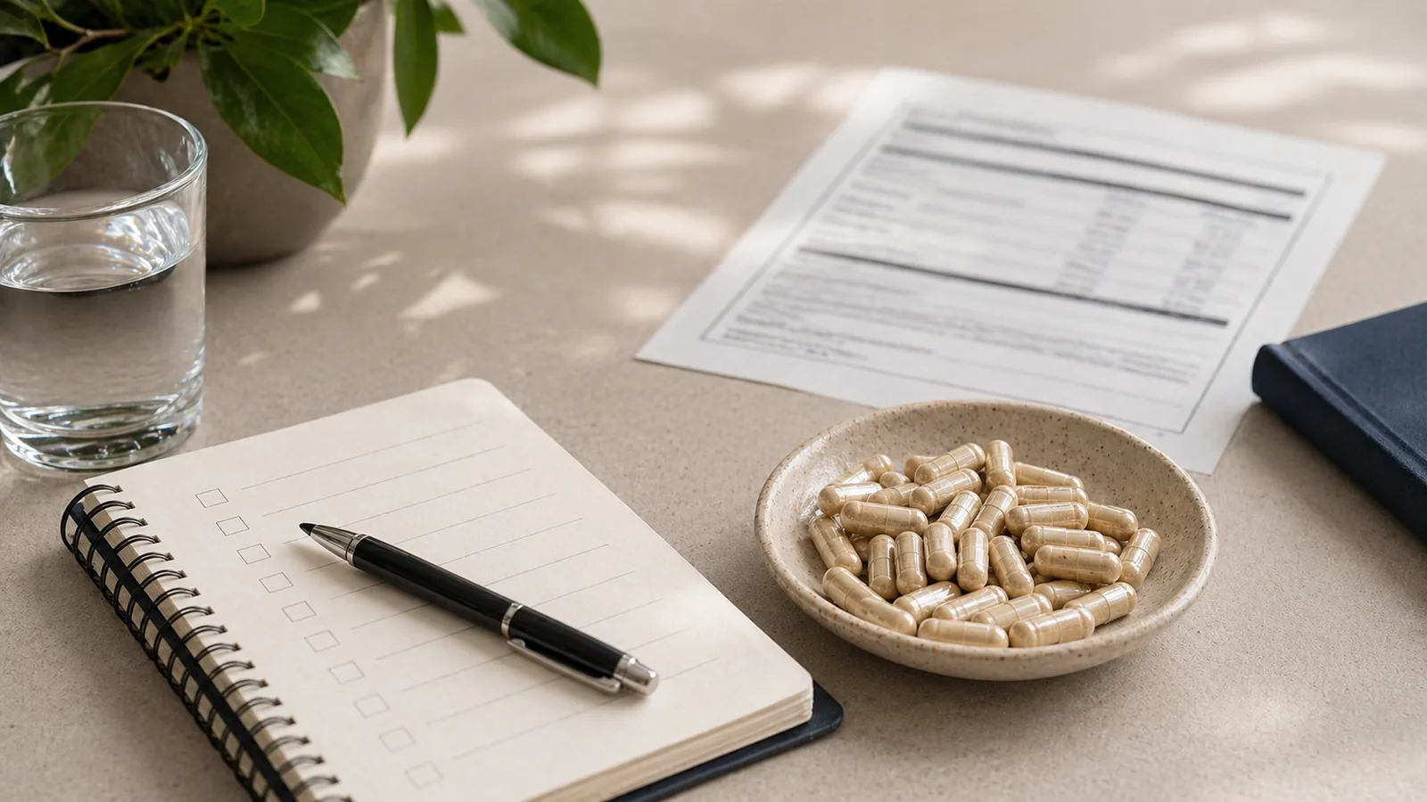 Citicoline-style supplement capsules and a non-readable supplement label for comparison