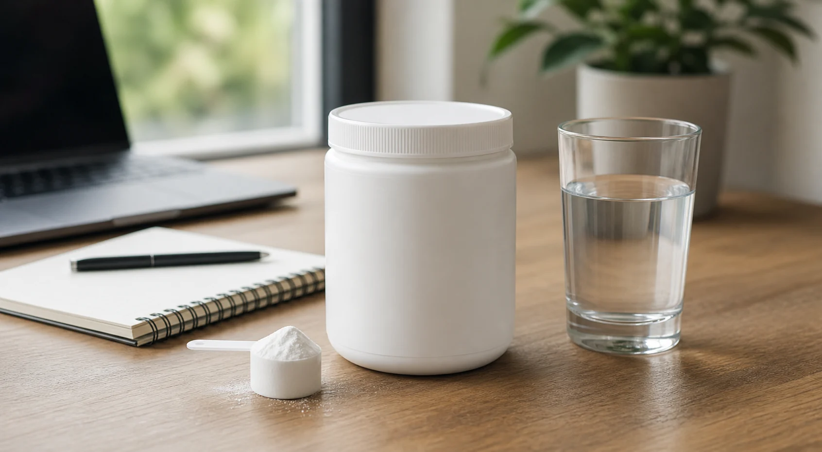 Creatine powder, scoop, and water on a tidy desk in a mental-performance context