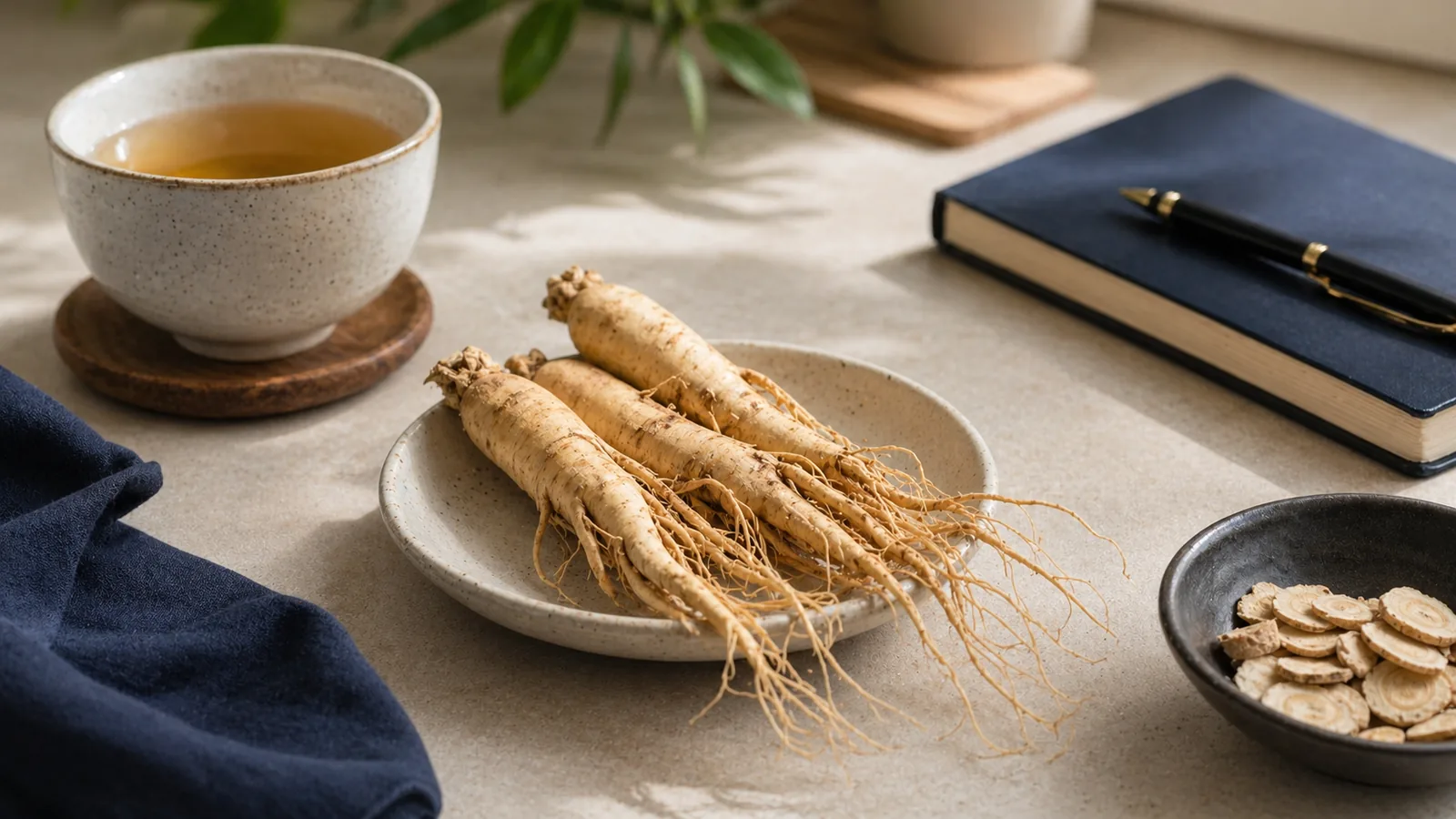 Ginseng root with tea and notebook for a mild energy and focus guide