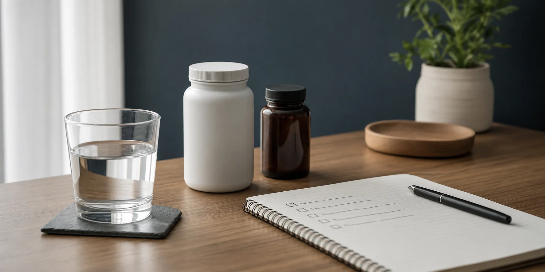 Glass of water, unbranded supplement containers, and safety checklist notes on a calm desk