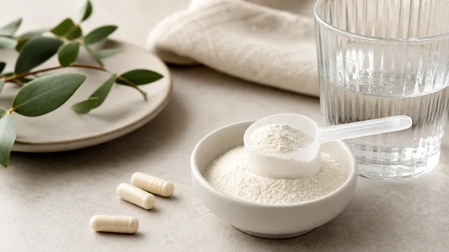 Caffeine-free supplement thumbnail with powder scoop, capsules, and water
