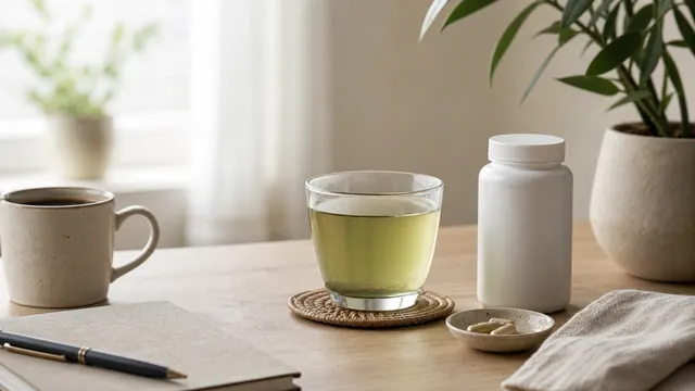 Calmer-focus supplement thumbnail with coffee set aside, water, and unbranded bottle