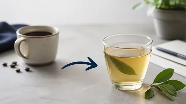 Caffeine alternatives thumbnail with coffee set aside and calmer alternative cue