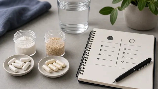 Choline supplement comparison scene with capsules, notebook, and pen