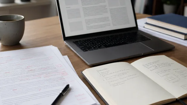 Editorial workspace with notes and papers for Discernwell standards