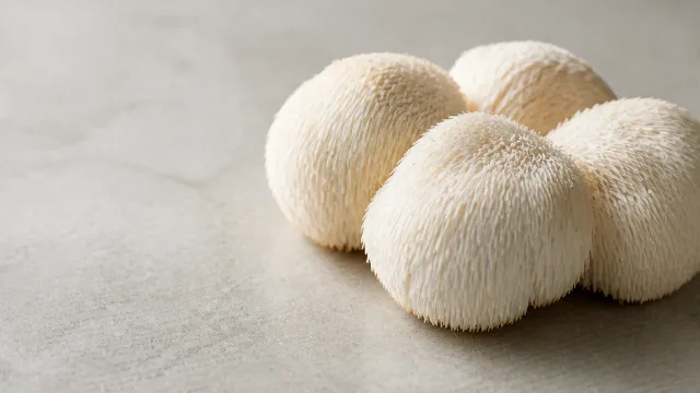 Small cluster of fresh Lion's Mane mushrooms on a neutral tabletop
