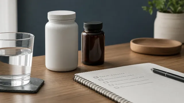 Supplement safety scene with water, supplement container, and checklist notes